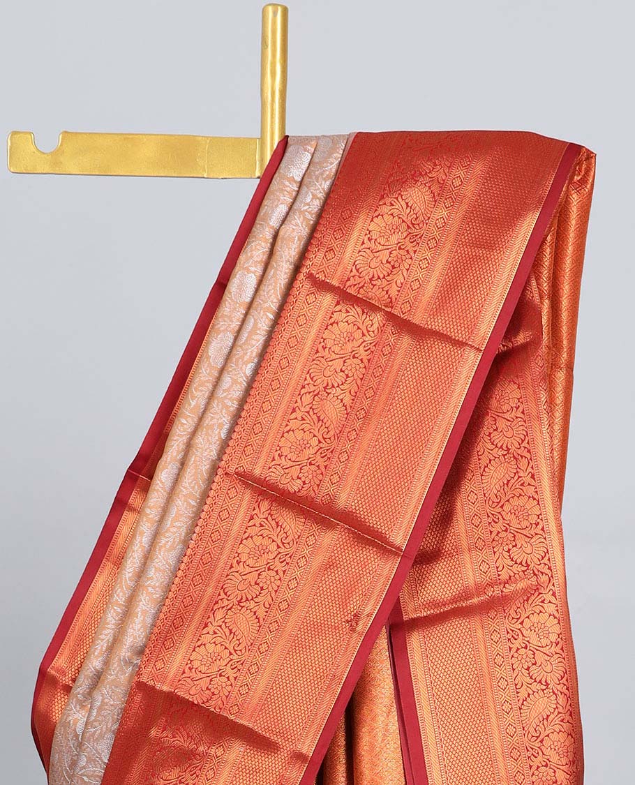 Pale brown jacquard budget silk saree, contrast traditional zari design border & jaal pallu