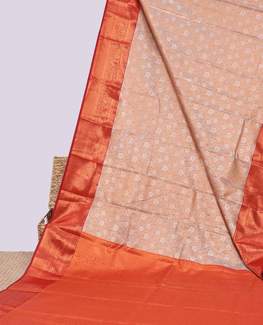Pale brown jacquard budget silk saree, contrast traditional zari design border & jaal pallu