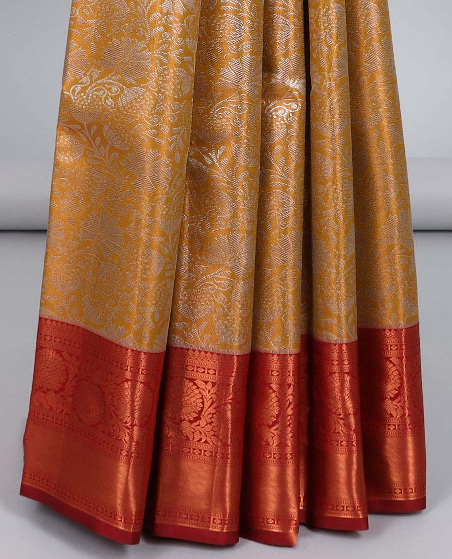 Yellow jacquard budget silk saree, contrast traditional zari design border & jaal pallu