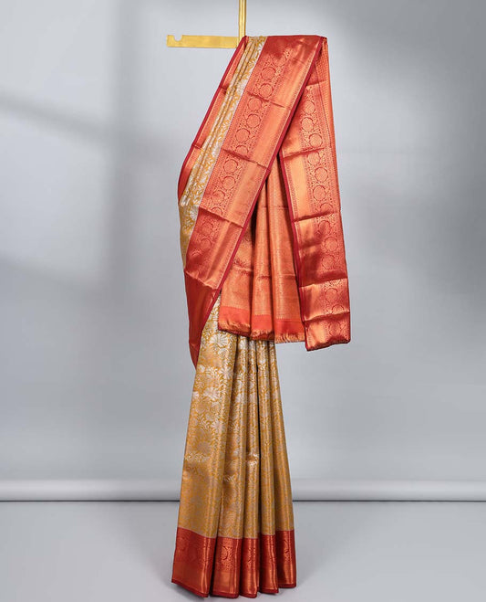 Yellow jacquard budget silk saree, contrast traditional zari design border & jaal pallu