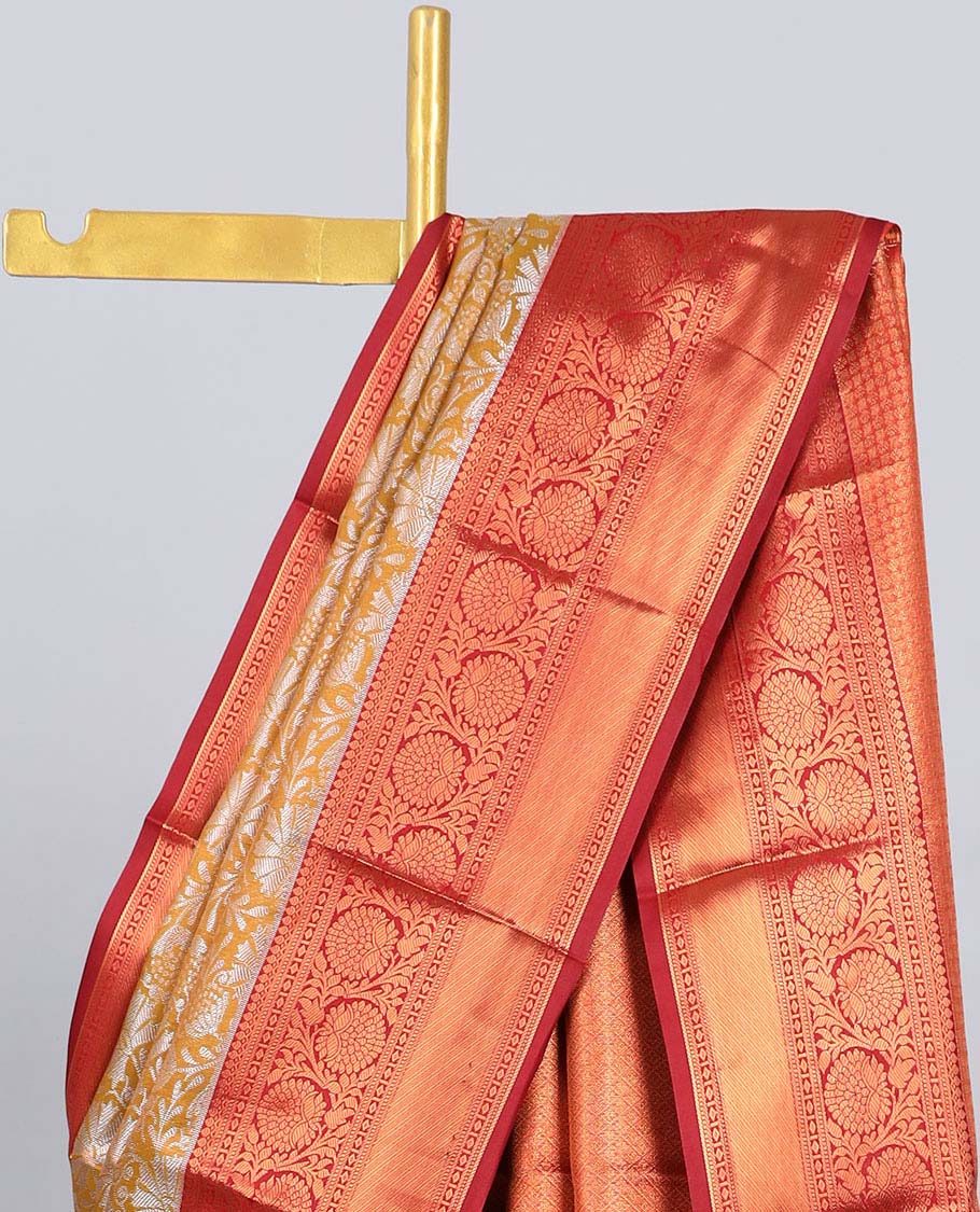 Yellow jacquard budget silk saree, contrast traditional zari design border & jaal pallu