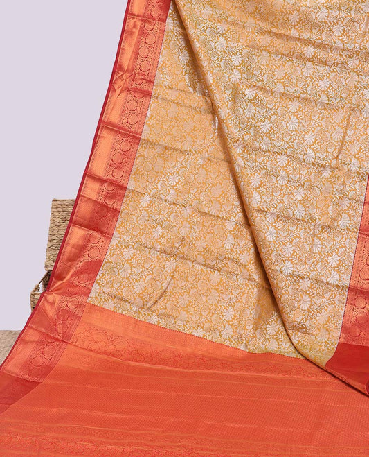 Yellow jacquard budget silk saree, contrast traditional zari design border & jaal pallu