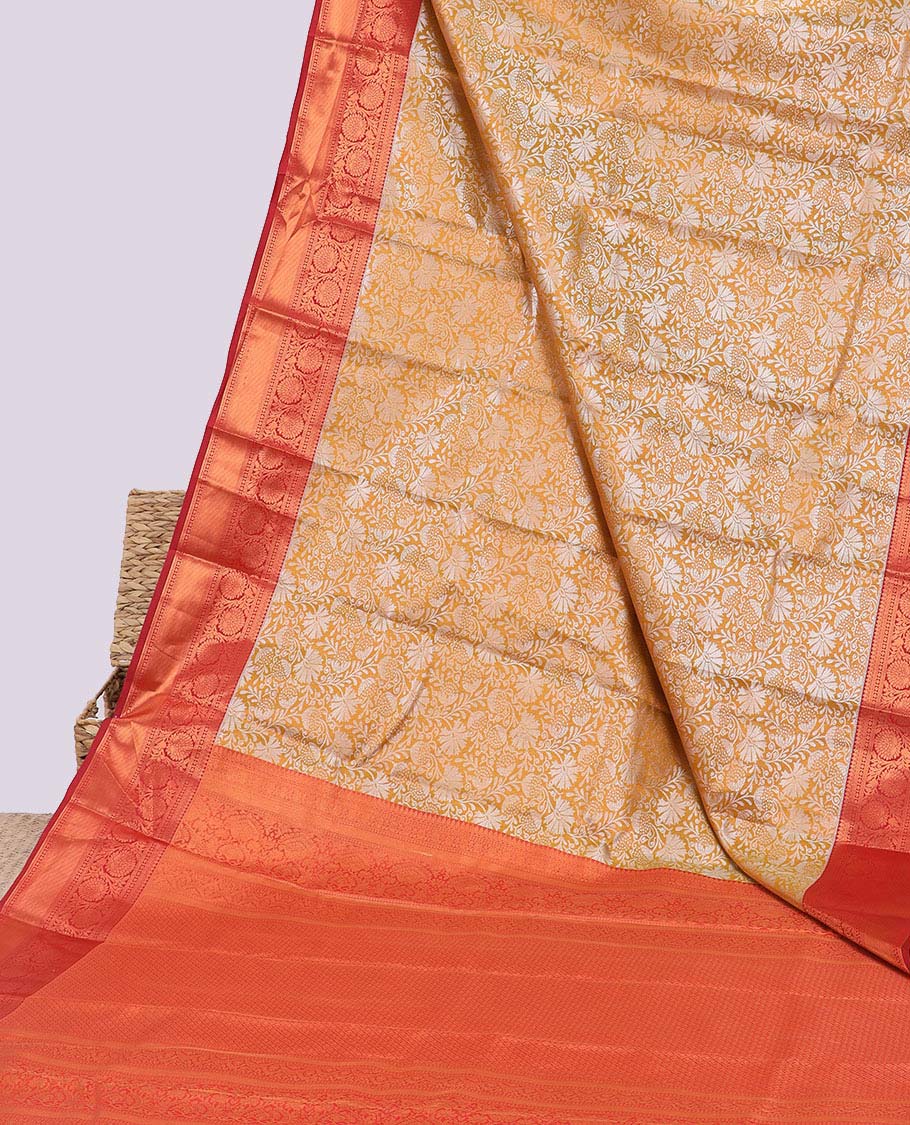 Yellow jacquard budget silk saree, contrast traditional zari design border & jaal pallu