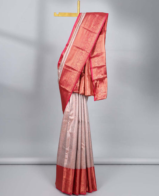 Beige jacquard budget silk saree, contrast traditional zari design border & jaal pallu