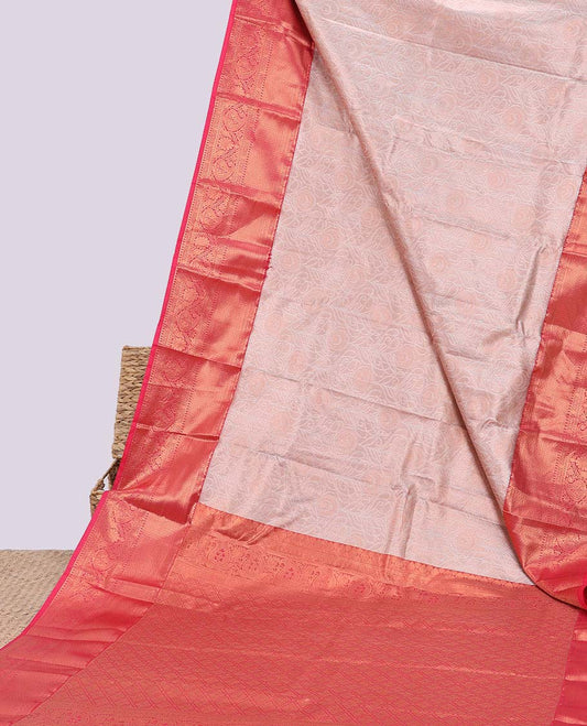 Beige jacquard budget silk saree, contrast traditional zari design border & jaal pallu