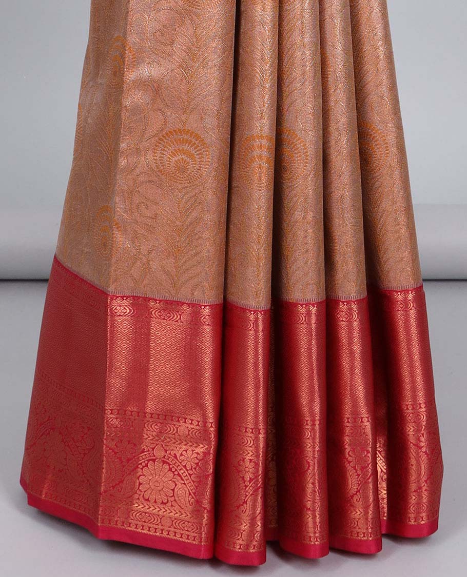 Brown jacquard budget silk saree, contrast traditional zari design border & jaal pallu