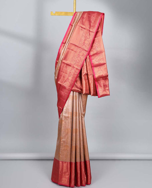 Brown jacquard budget silk saree, contrast traditional zari design border & jaal pallu