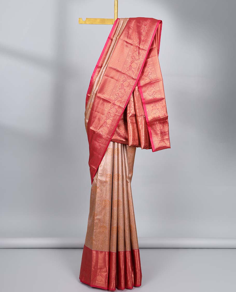 Brown jacquard budget silk saree, contrast traditional zari design border & jaal pallu