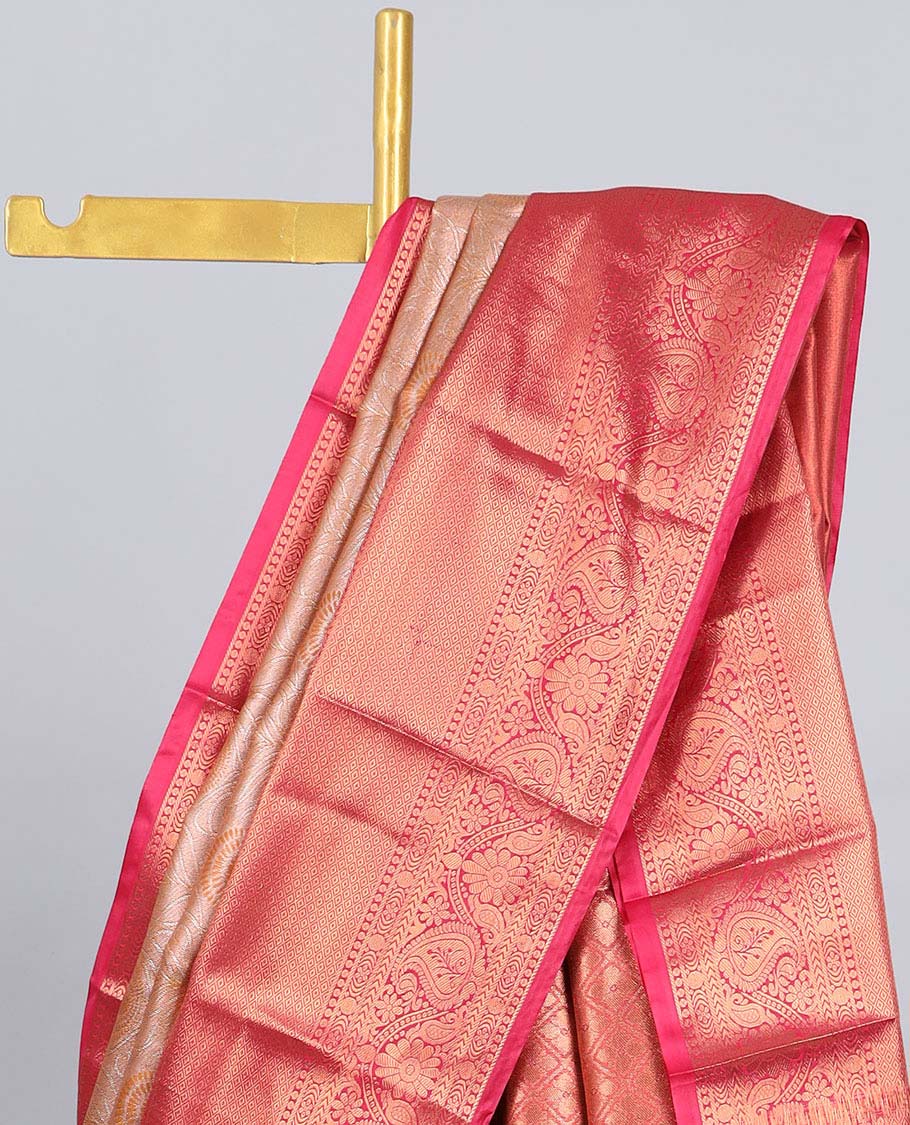 Brown jacquard budget silk saree, contrast traditional zari design border & jaal pallu