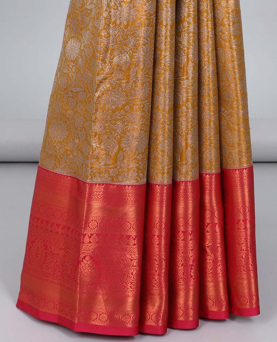 Yellow jacquard budget silk saree, contrast traditional zari design border & jaal pallu