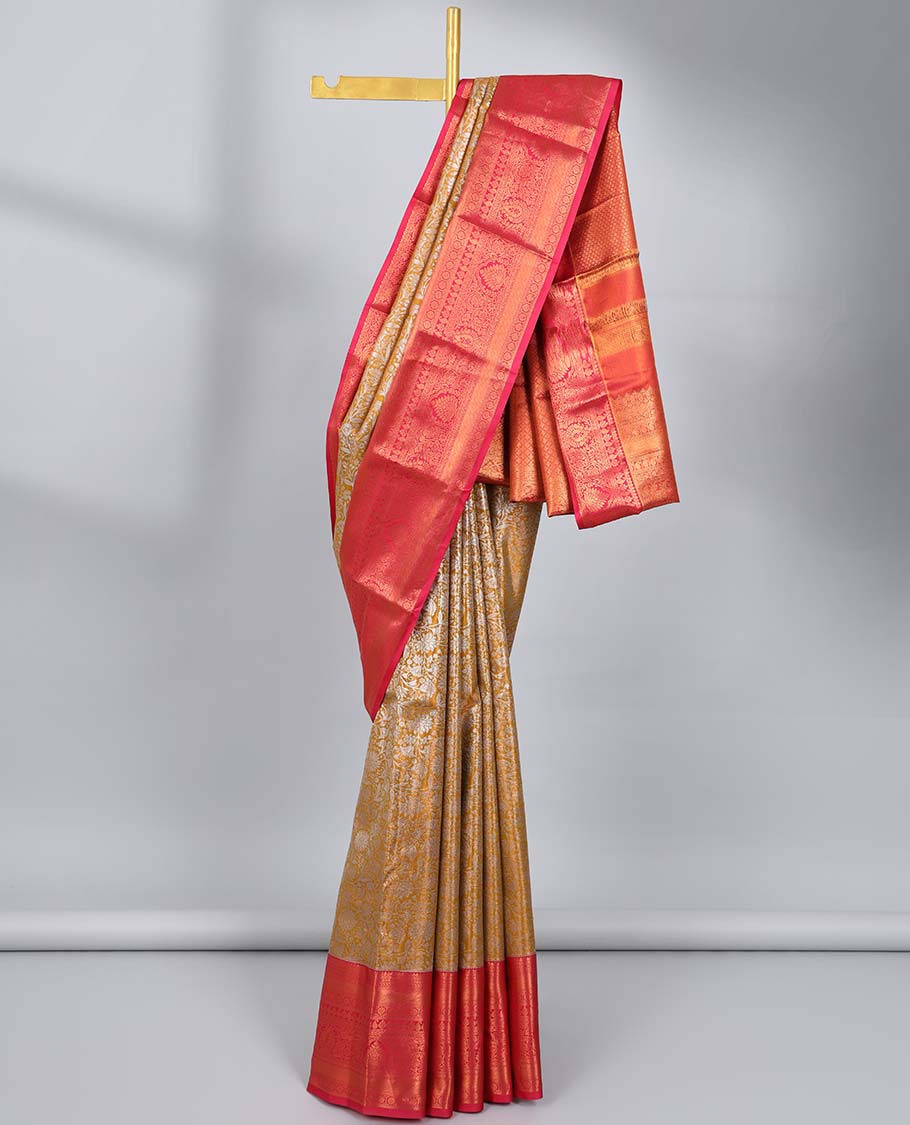 Yellow jacquard budget silk saree, contrast traditional zari design border & jaal pallu