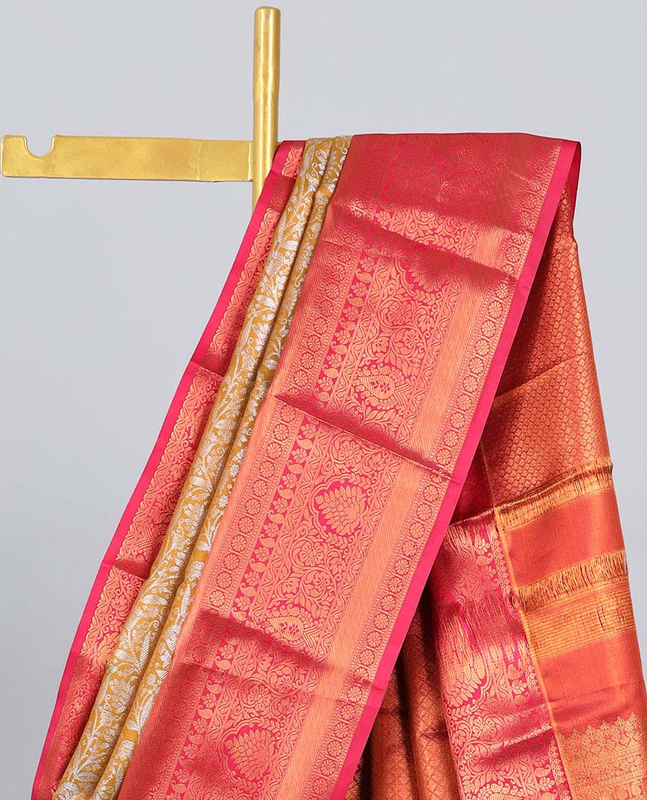 Yellow jacquard budget silk saree, contrast traditional zari design border & jaal pallu