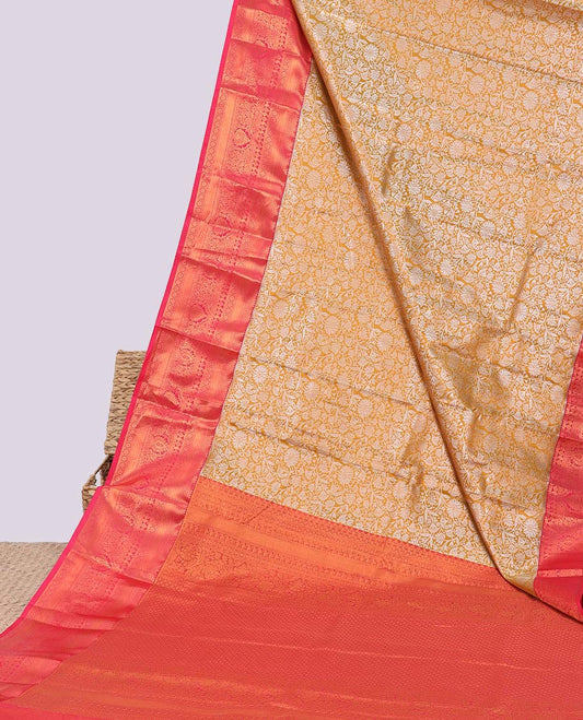 Yellow jacquard budget silk saree, contrast traditional zari design border & jaal pallu