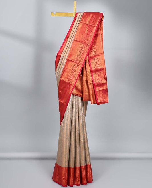 Grey jacquard budget silk saree, contrast traditional zari design border & intricate pallu