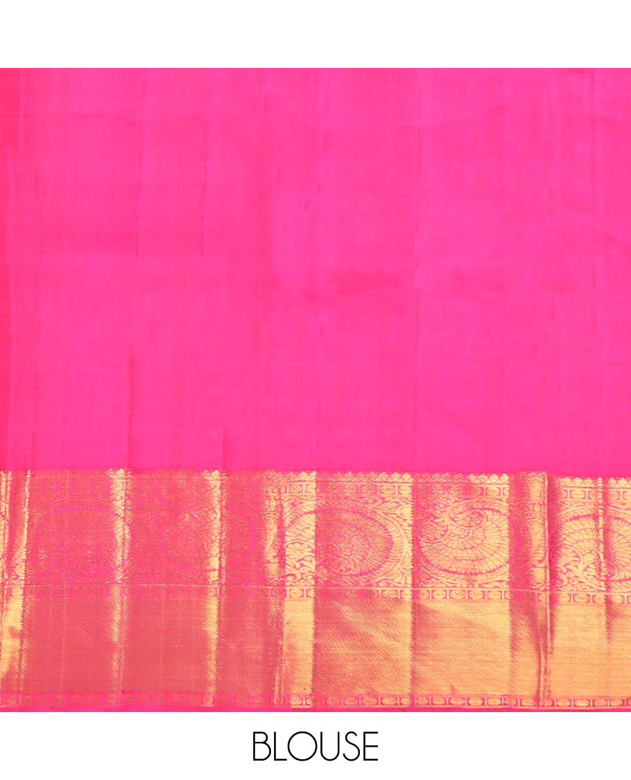Orange embossed silk saree, contrast paisley pallu & border of thilakam mokku,poun,kodi visiry,banaras & zari stripes