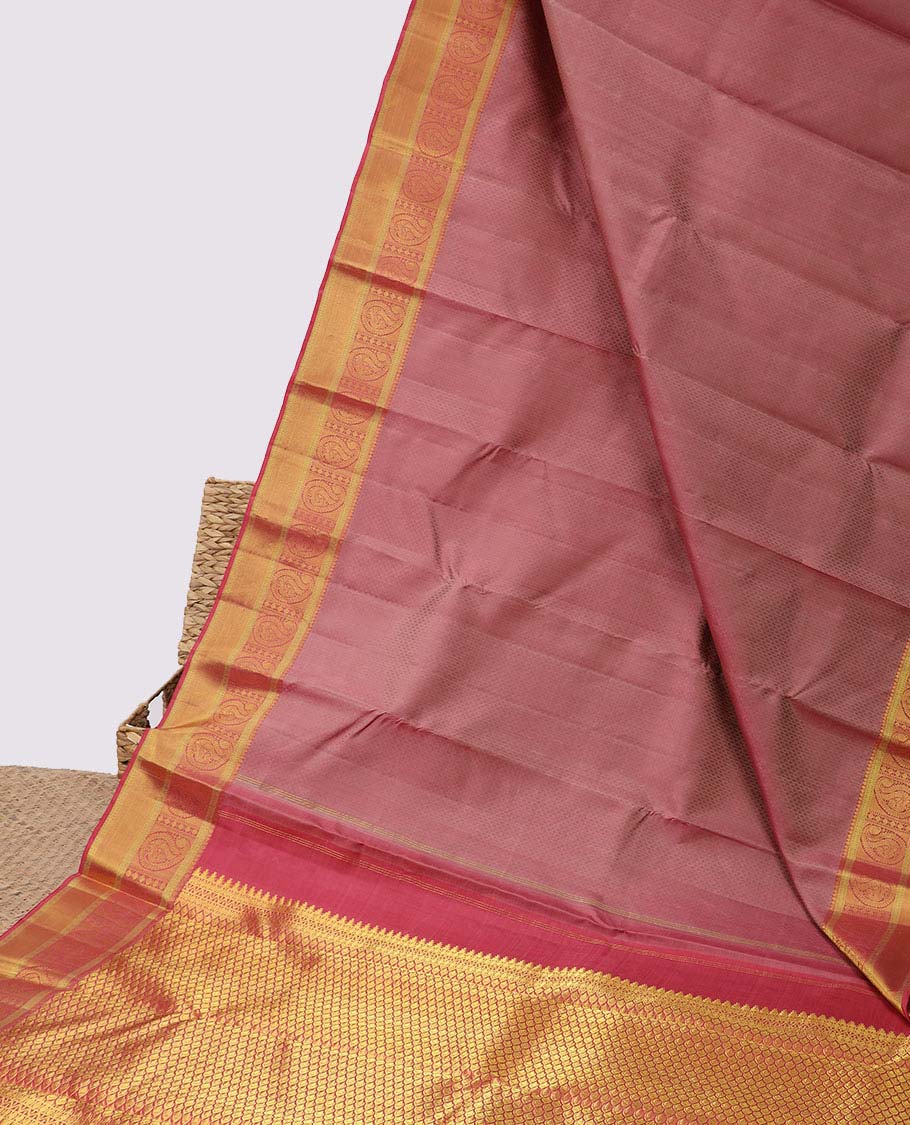 Pink embossed silk saree, contrast jaal pallu & zari border of thilakam mokku,poun,arumbu manga,mayil & zari stripes