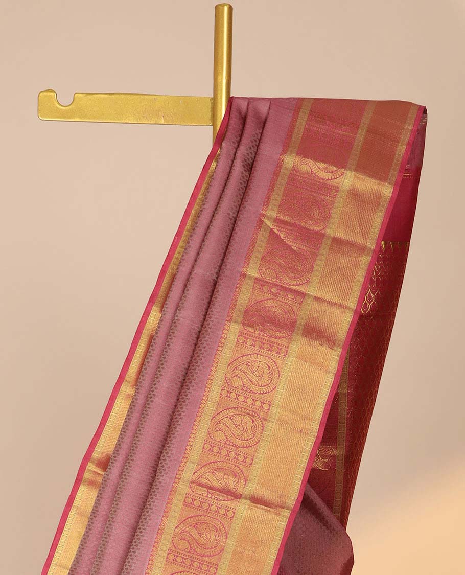 Pink embossed silk saree, contrast jaal pallu & zari border of thilakam mokku,poun,arumbu manga,mayil & zari stripes