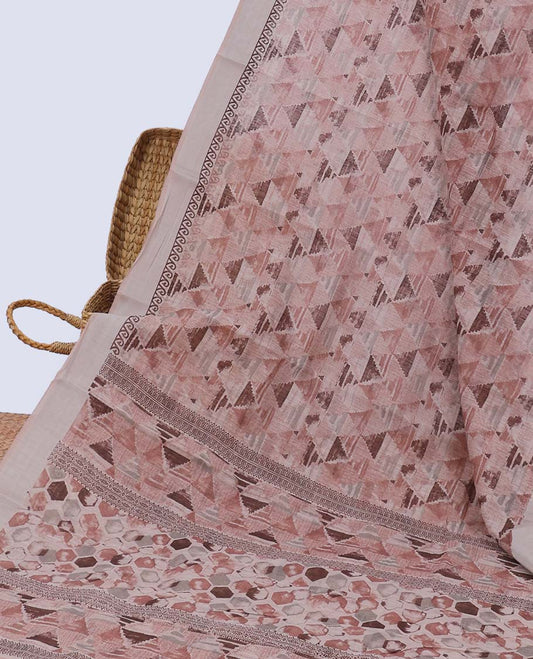 Brown geometric patterned budget cotton saree, plain border & geometric patterned pallu