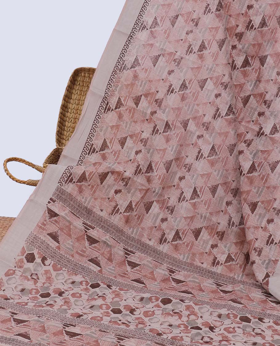 Brown geometric patterned budget cotton saree, plain border & geometric patterned pallu