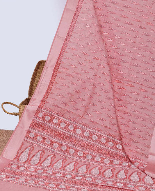 Pink unique motifs printed cotton saree, plain border & pallu of floral & paisley print