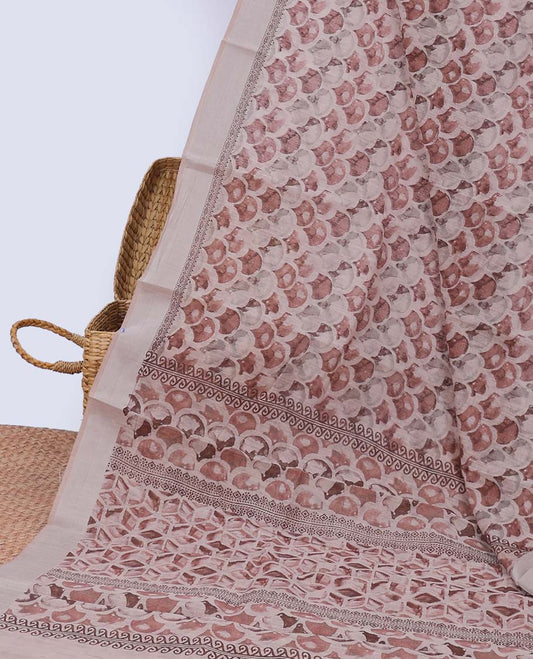 Brown scallop printed cotton saree, plain border & pallu of geometric print