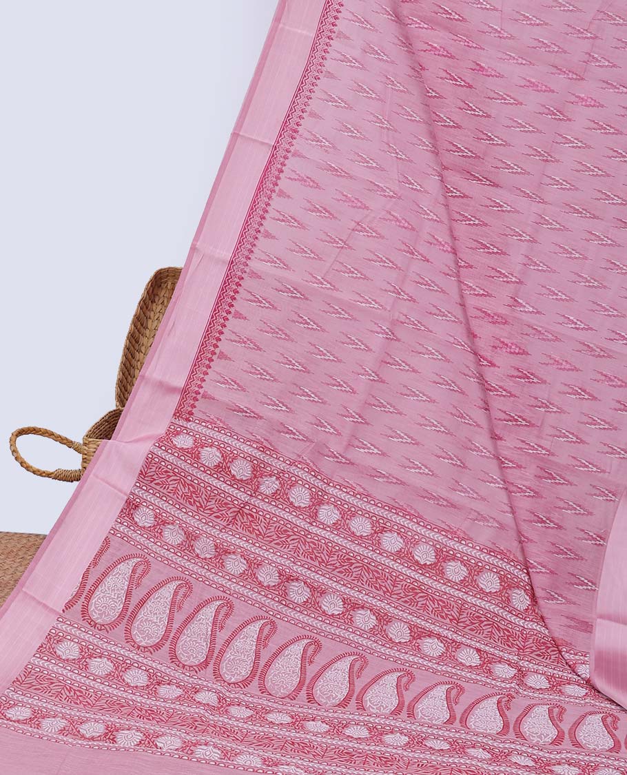 Pink unique motifs printed cotton saree, plain border & pallu of floral & paisley print