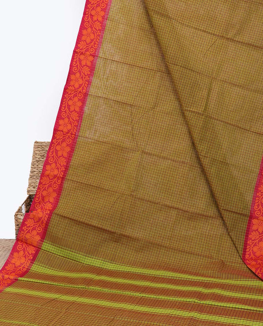 Green checked chettinad cotton saree, contrast floral creeper border & pallu of stripes