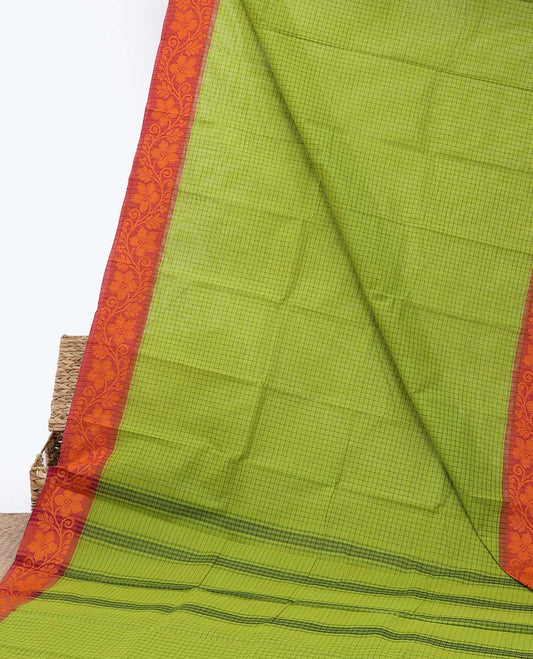 Green checked chettinad cotton saree, contrast floral creeper border & pallu of stripes