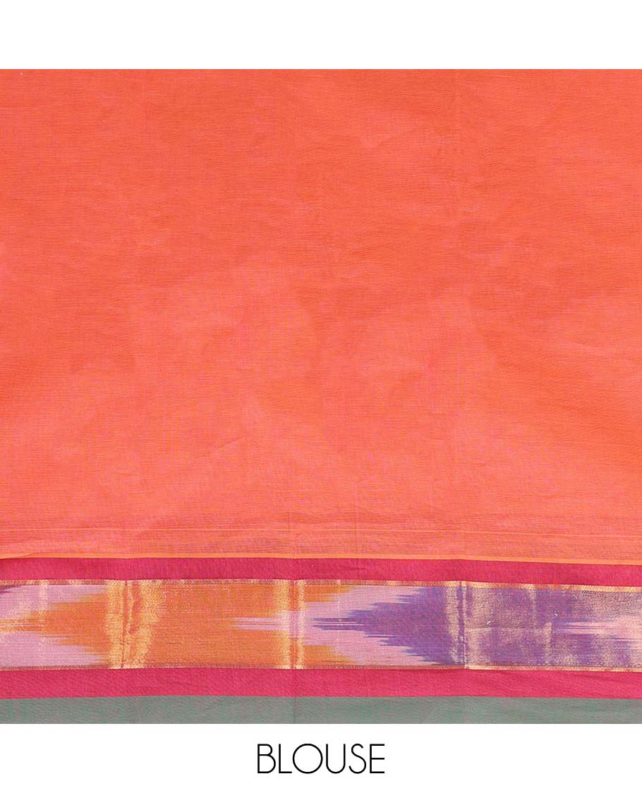 Pink kanchi cotton saree with buttas, contrast ikkat border & pallu of floral designs