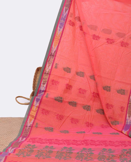 Pink kanchi cotton saree with buttas, contrast ikkat border & pallu of floral designs