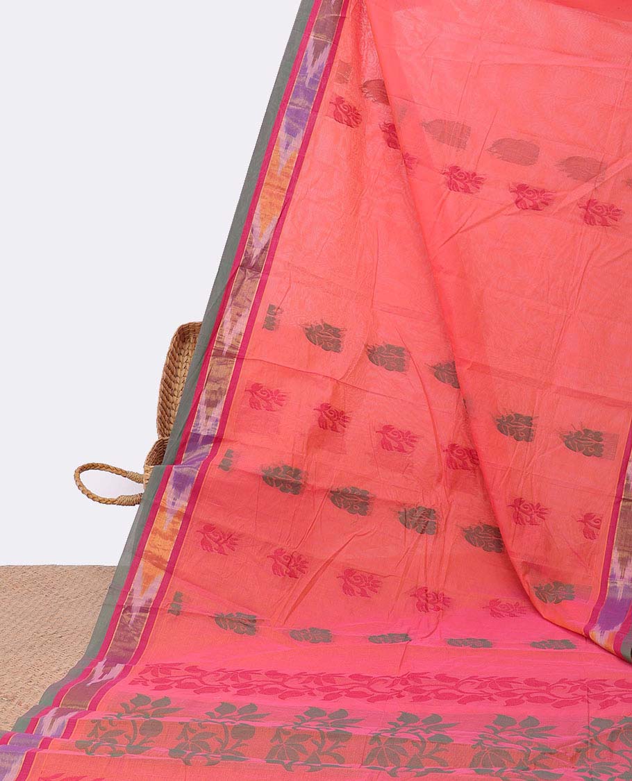 Pink kanchi cotton saree with buttas, contrast ikkat border & pallu of floral designs