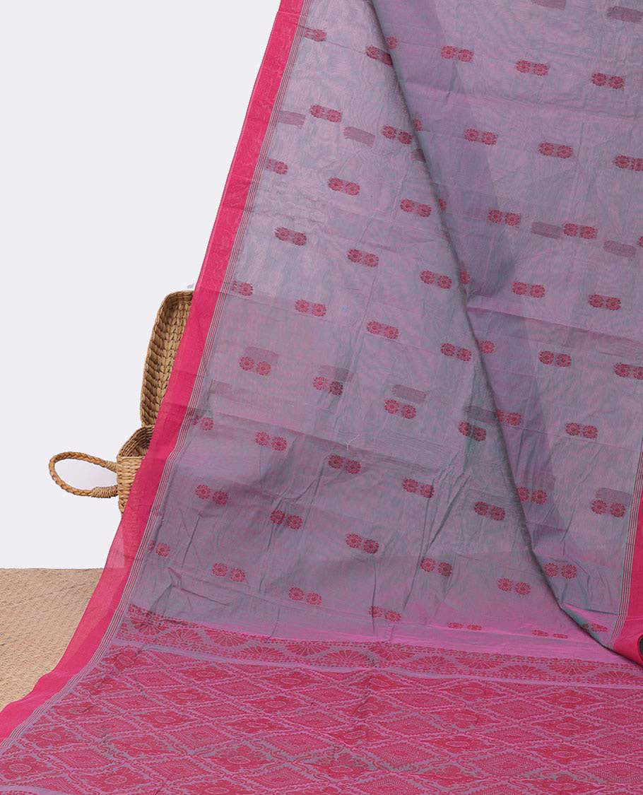 Grey kanchi cotton saree with buttas, contrast plain border & pallu of intricate designs