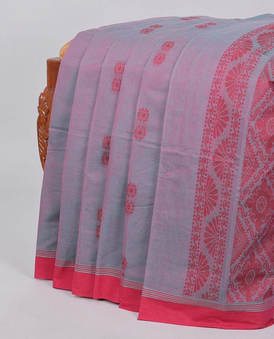Grey kanchi cotton saree with buttas, contrast plain border & pallu of intricate designs