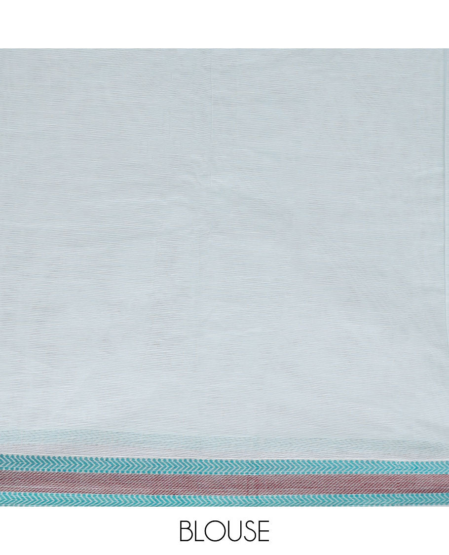 Off-white kanchi cotton saree with buttas, geometric patterned border & pallu of buttas