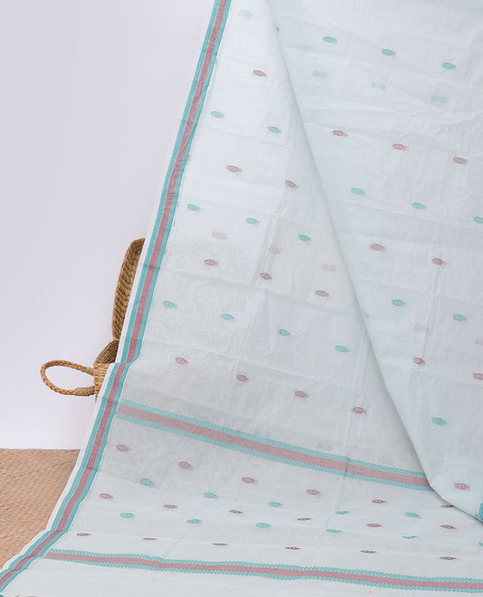 Off-white kanchi cotton saree with buttas, geometric patterned border & pallu of buttas
