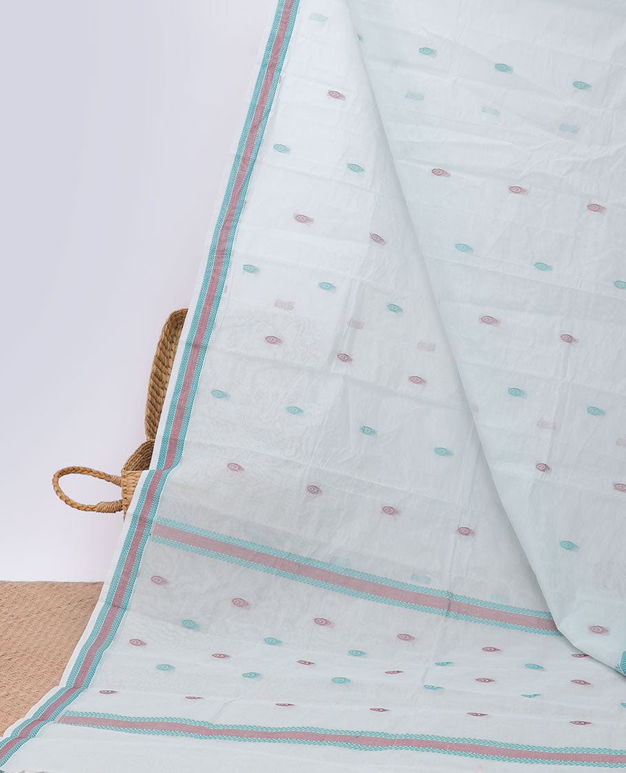 Off-white kanchi cotton saree with buttas, geometric patterned border & pallu of buttas