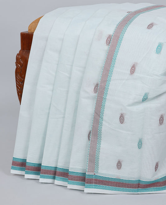 Off-white kanchi cotton saree with buttas, geometric patterned border & pallu of buttas