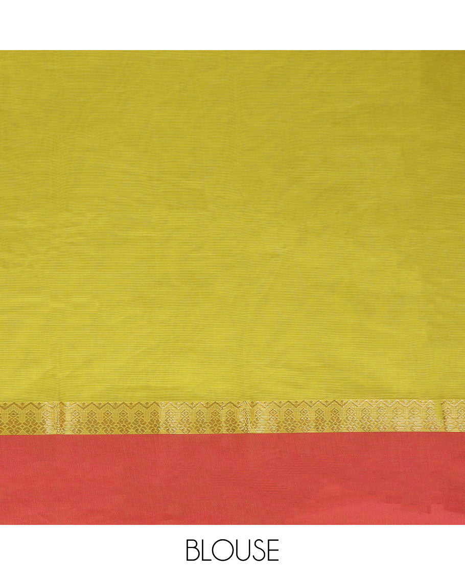 Green kanchi cotton saree with buttas, contrast zari border & pallu of intricate print