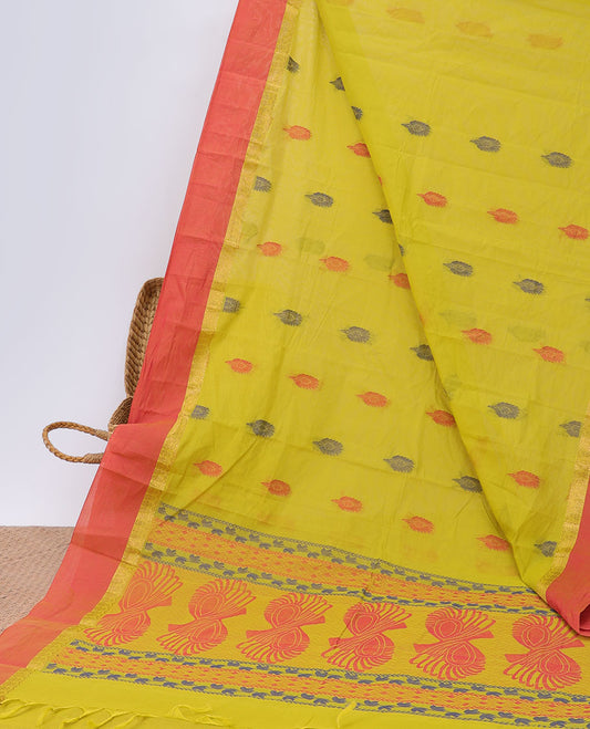 Green kanchi cotton saree with buttas, contrast zari border & pallu of intricate print