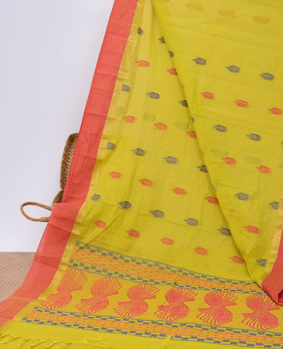 Green kanchi cotton saree with buttas, contrast zari border & pallu of intricate print