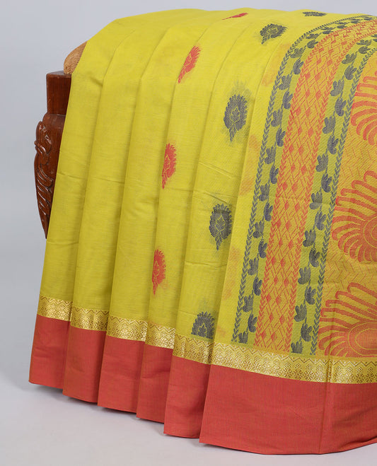 Green kanchi cotton saree with buttas, contrast zari border & pallu of intricate print