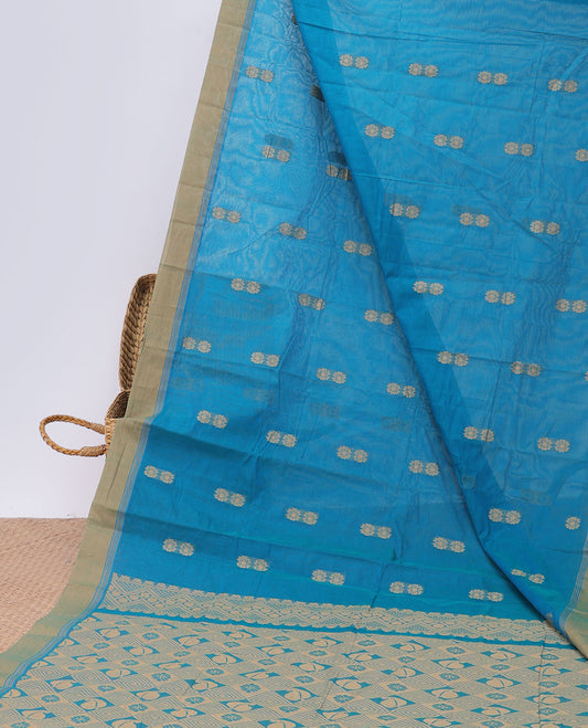 Blue flower buttas kanchi cotton saree,contrast border & pallu of flower & leaf butta enclosed diamond patterned pallu