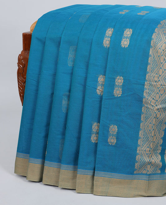 Blue flower buttas kanchi cotton saree,contrast border & pallu of flower & leaf butta enclosed diamond patterned pallu