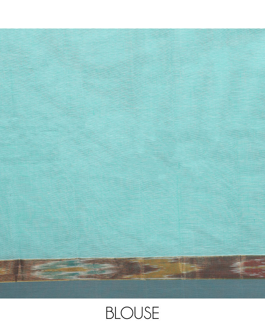 Blue plain kanchi cotton saree, contrast ikkat border & pallu of stripes