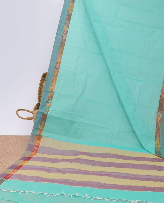 Blue plain kanchi cotton saree, contrast ikkat border & pallu of stripes