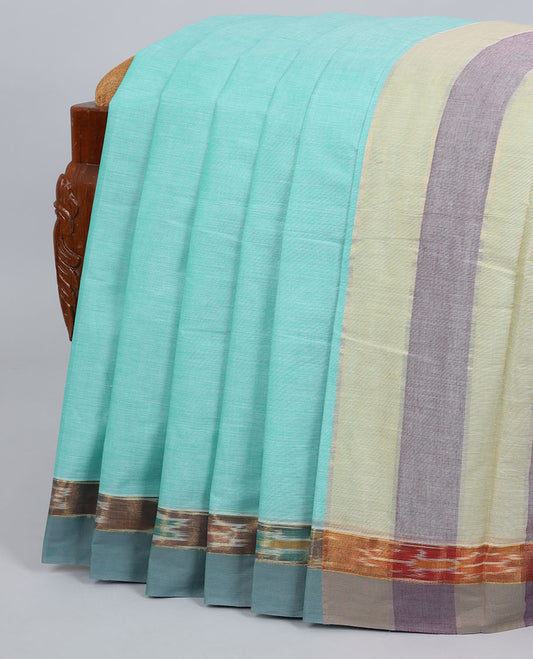 Blue plain kanchi cotton saree, contrast ikkat border & pallu of stripes