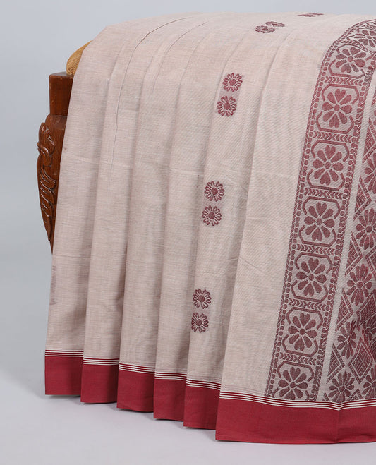 Beige flower buttas kanchi cotton saree,contrast border & pallu of flower & leaf butta enclosed diamond patterned pallu