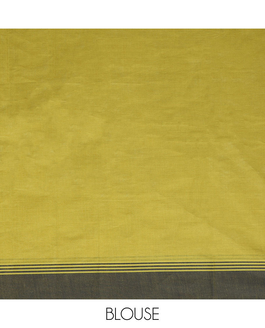 Green buttas kanchi cotton saree, contrast border & pallu of floral design