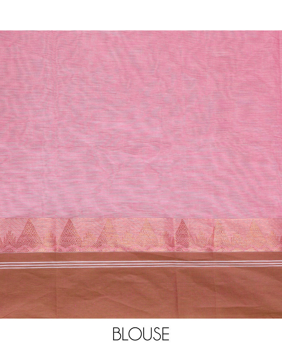 Pink zari buttas kanchi cotton saree, contrast border & pallu of paisley design