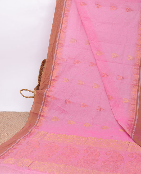 Pink zari buttas kanchi cotton saree, contrast border & pallu of paisley design